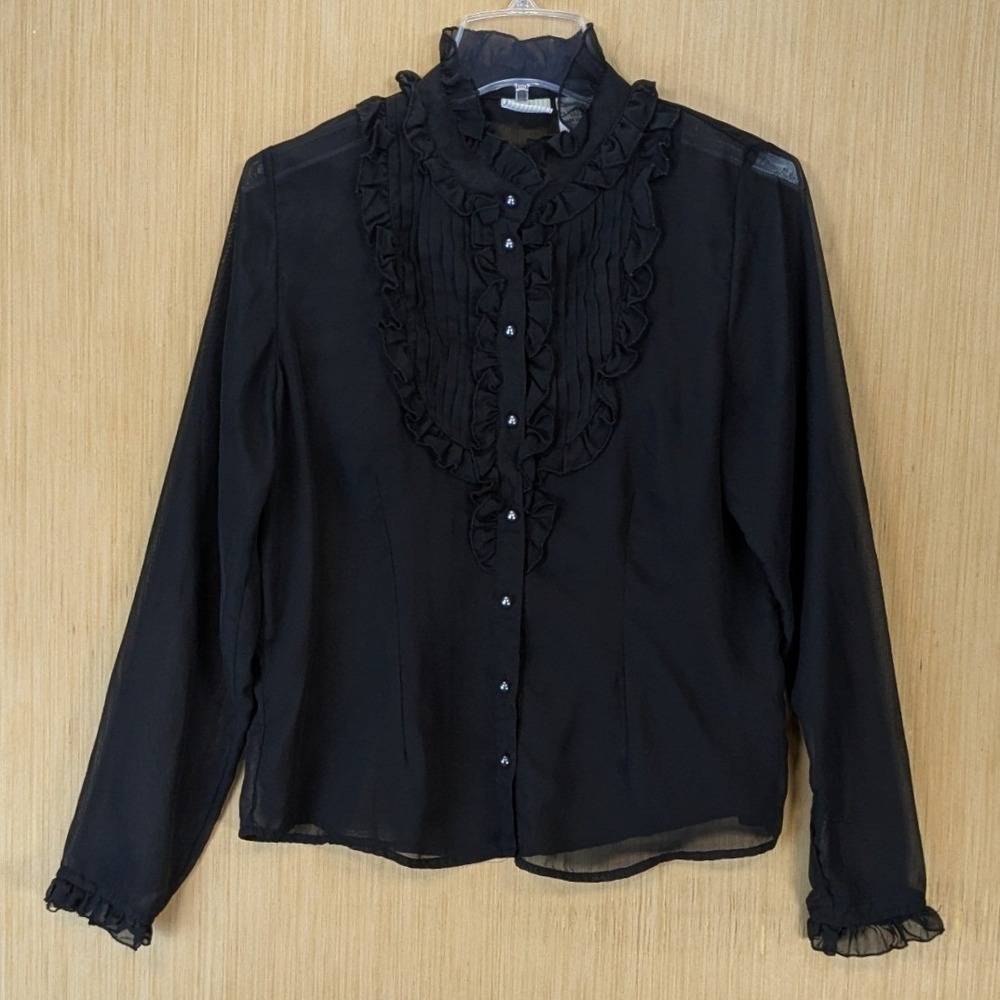 Womens Vintage‎ 90s Gothic Victorian Sheer Ruffle High Neck Top Size M Black